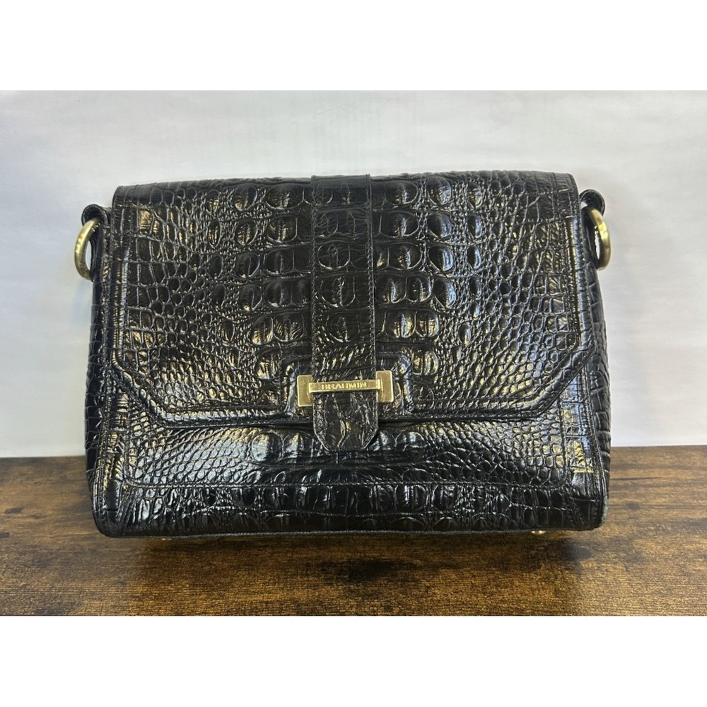Brahmin Black Croc Embossed Leather Crossbody Style Bag Gold Hardware *No Strap - Picture 16 of 16